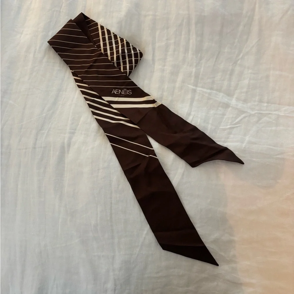 Aenēis Silk Bandeau Scarf Brown White Diagonal Stripe